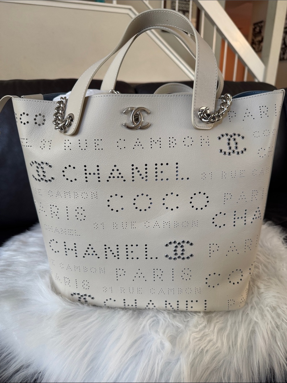NWT CHANEL 2019 Beige Calfskin Perforated Logo Tote with Silver-Tone Hardware